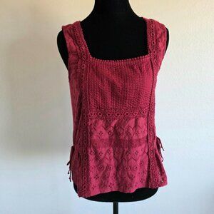 NEW Lucky Brand Eyelet Crochet Embroidery Top Sleeveless Boho Side Ties Size S